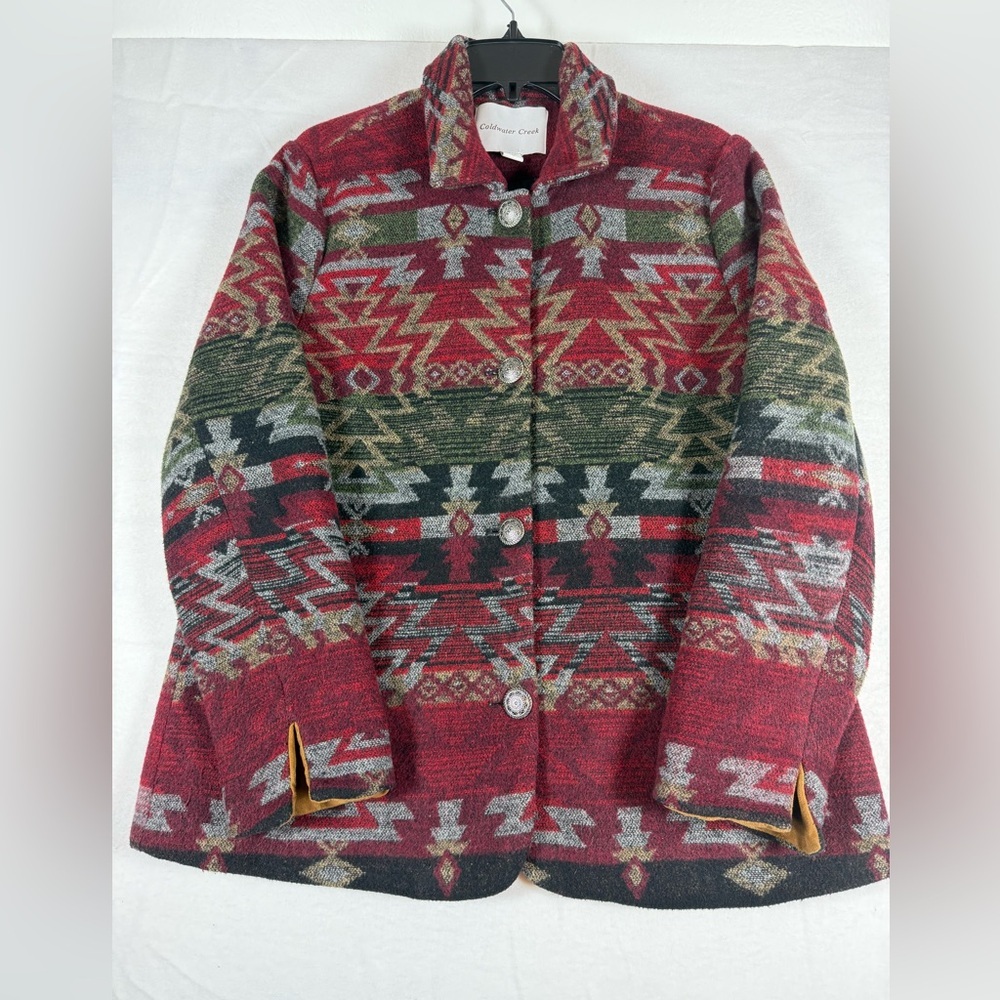 Coldwater Creek Women's Aztec Button-up Blazer Red/Green/Black/Gold Size 14